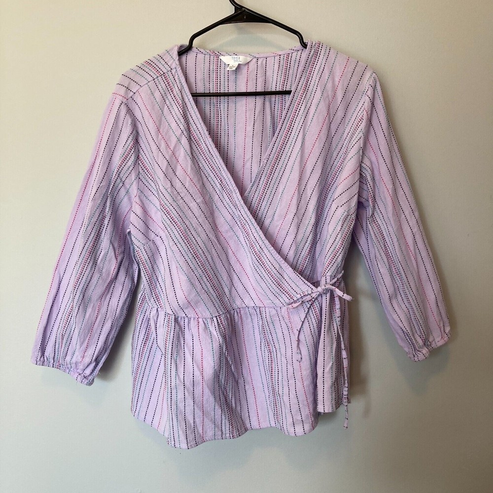 Time and Tru Wrap Top Womens Size L (12-14) Purple Stripe V Neck 3/4 Sleeve